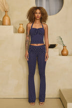 POLKA DOT PRINT HALTER TIE CROP TOP - NAVY
