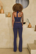 POLKA DOT PRINT HALTER TIE CROP TOP - NAVY