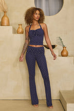 POLKA DOT PRINT HALTER TIE CROP TOP - NAVY