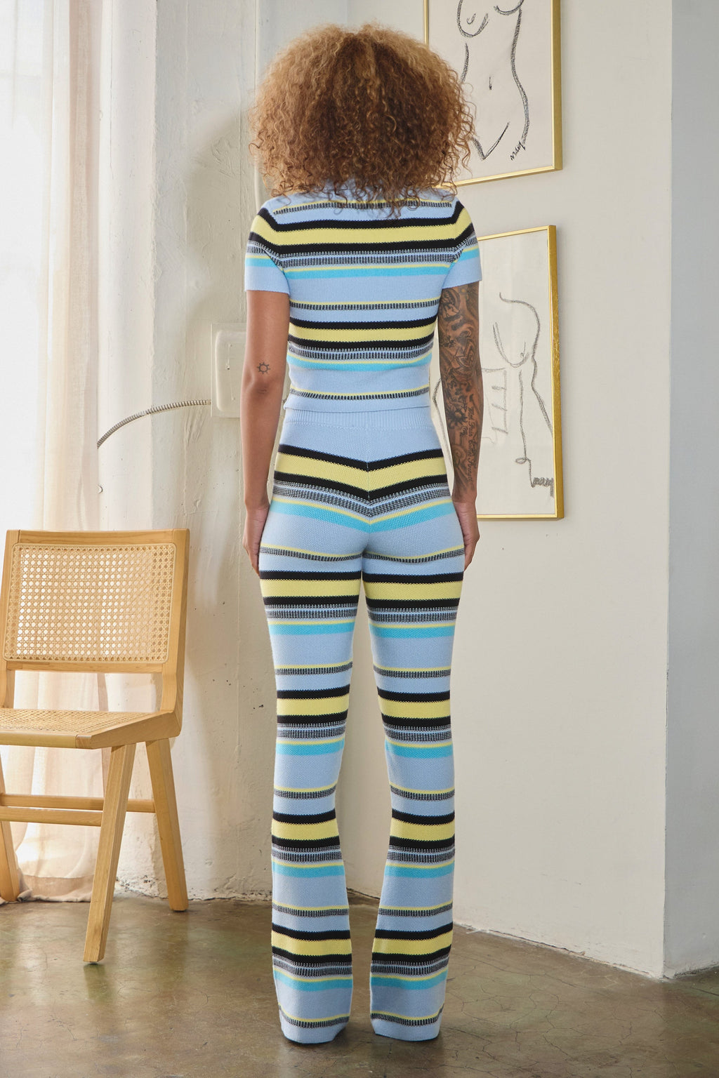 MARINE MULTI-COLORED STRIPE KNIT COLLARED TOP