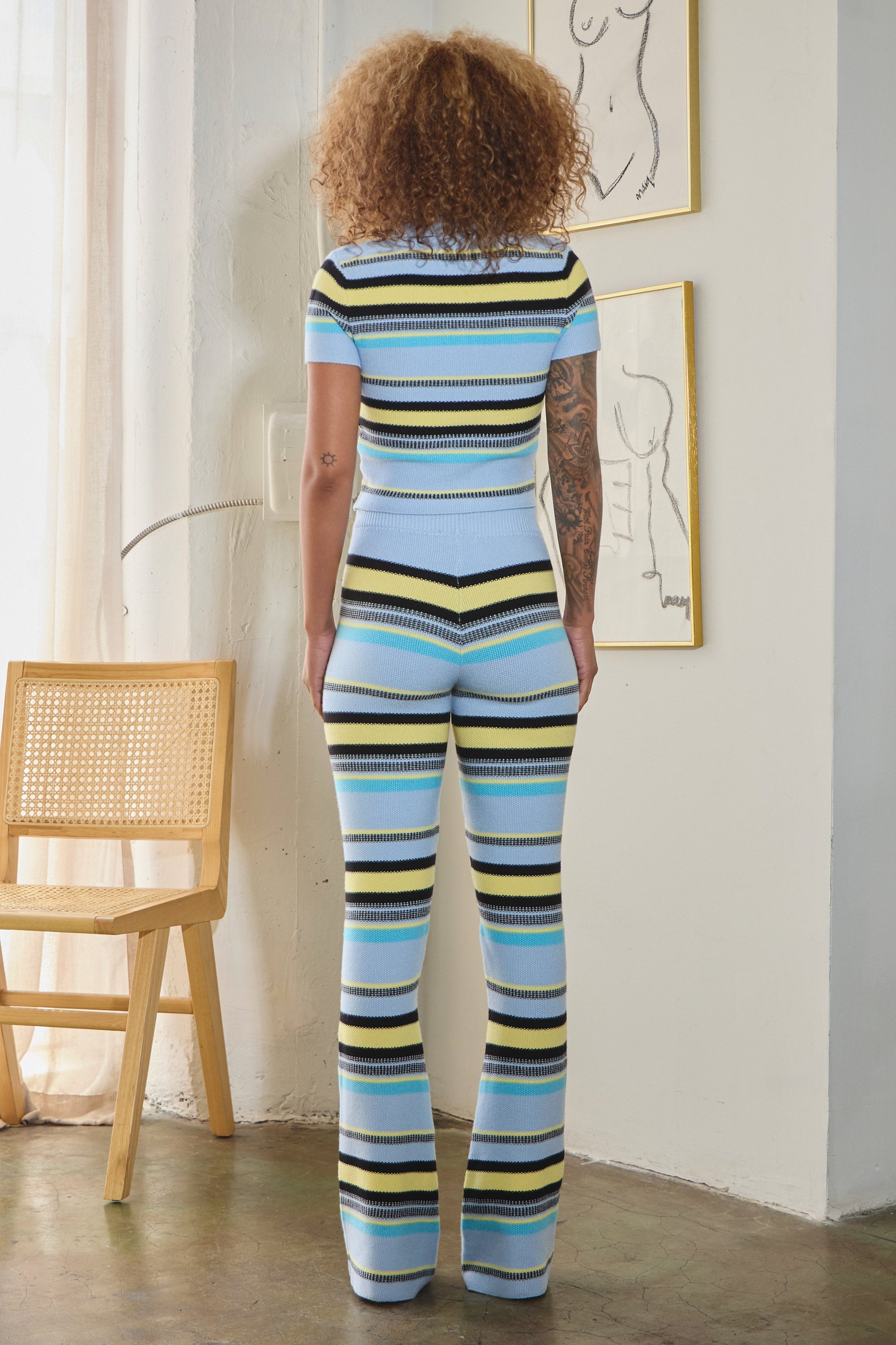 MARINE MULTI-COLORED STRIPE KNIT COLLARED TOP