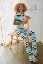 MARINE MULTI-COLORED STRIPE KNIT COLLARED TOP