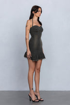 ZYLAH HALTER DENIM MINI DRESS - SMOKEY GREEN