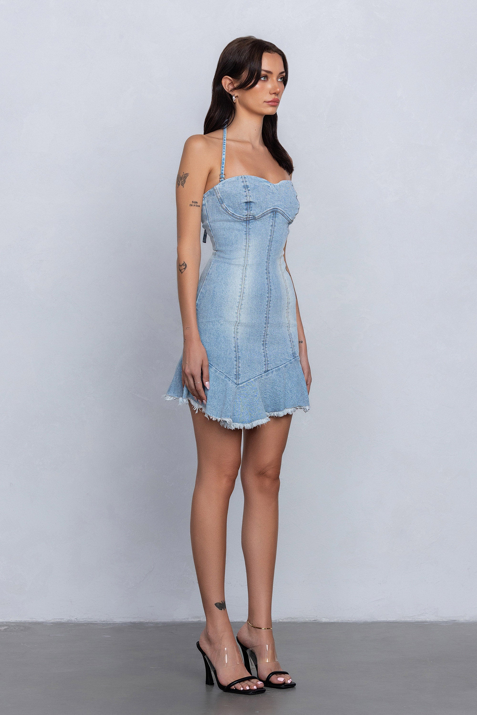 ZYLAH HALTER DENIM MINI DRESS - LIGHT WASH