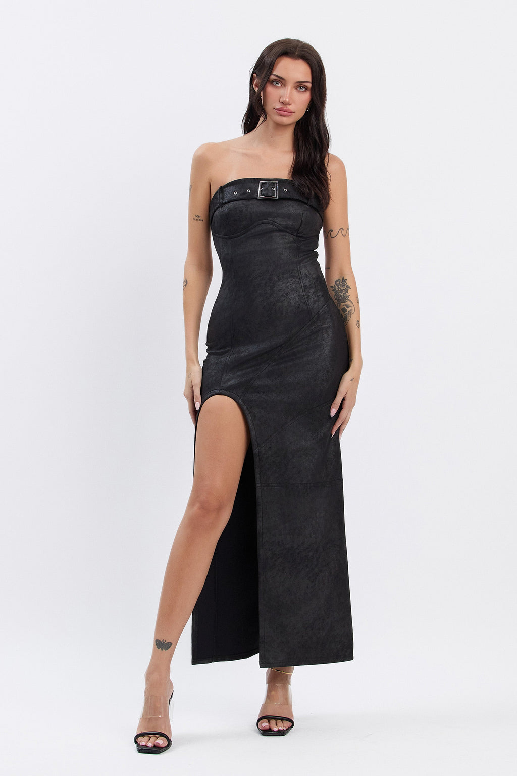 AMBER SUEDE BELTED MAXI DRESS - BLACK