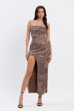 AMBER SUEDE BELTED MAXI DRESS - BROWN