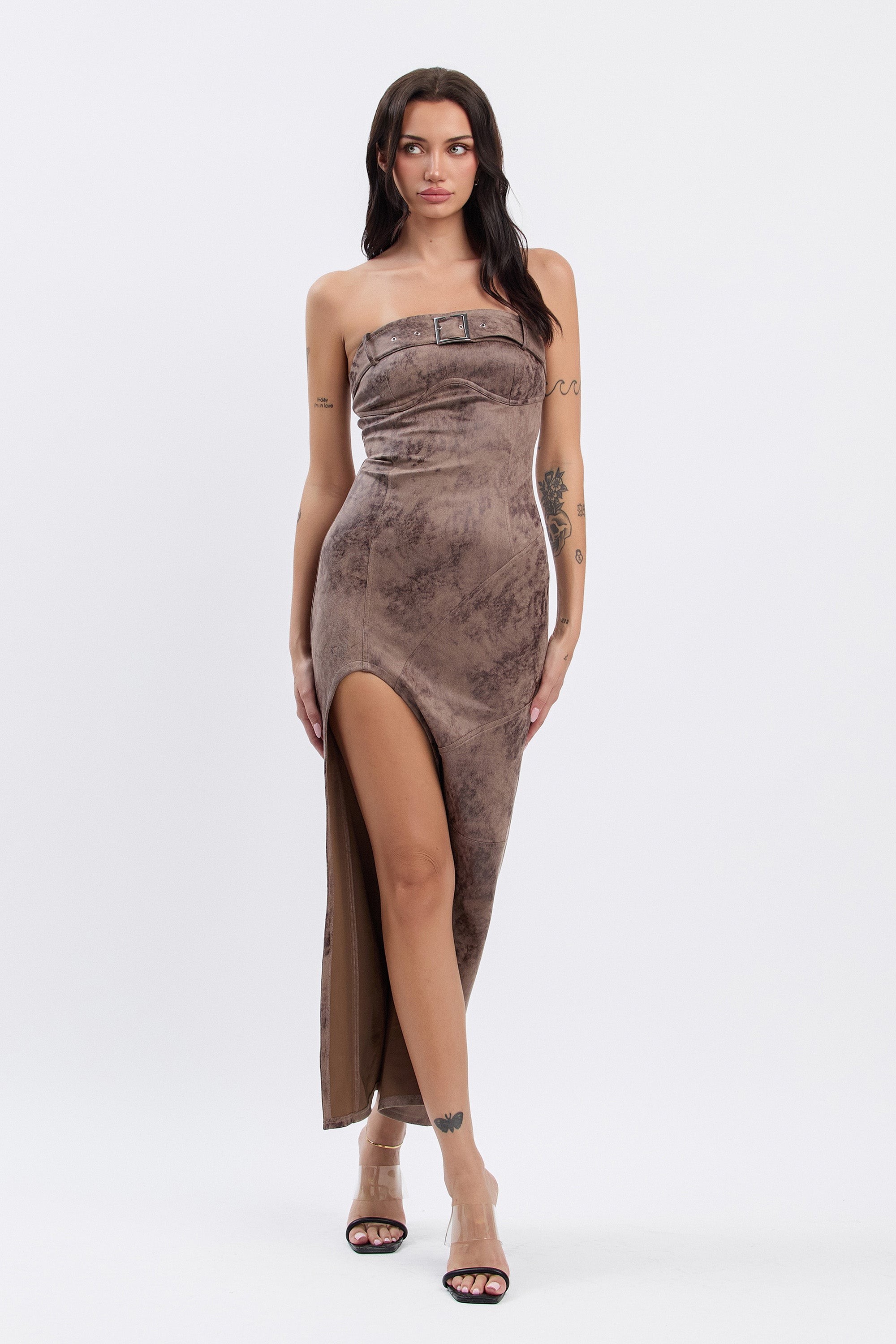 AMBER SUEDE BELTED MAXI DRESS - BROWN