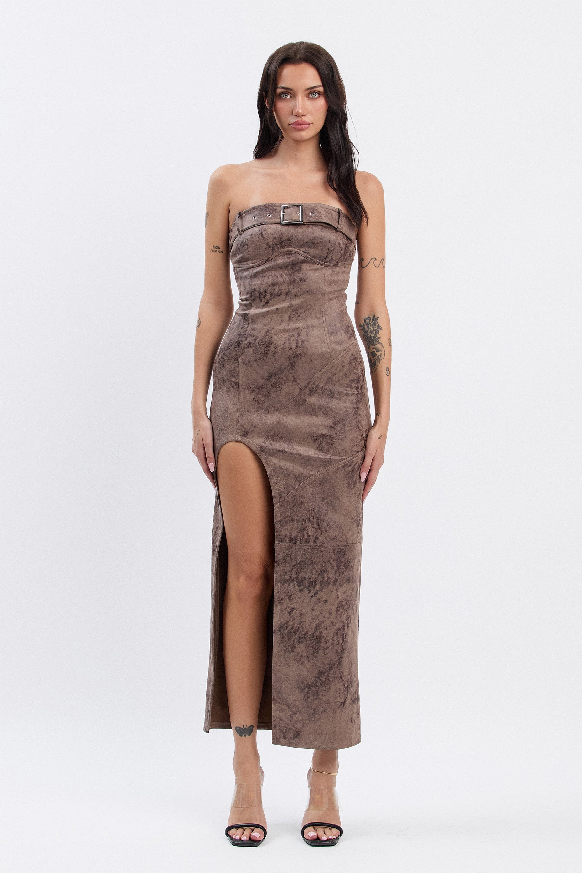 AMBER SUEDE BELTED MAXI DRESS - BROWN