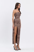 AMBER SUEDE BELTED MAXI DRESS - BROWN