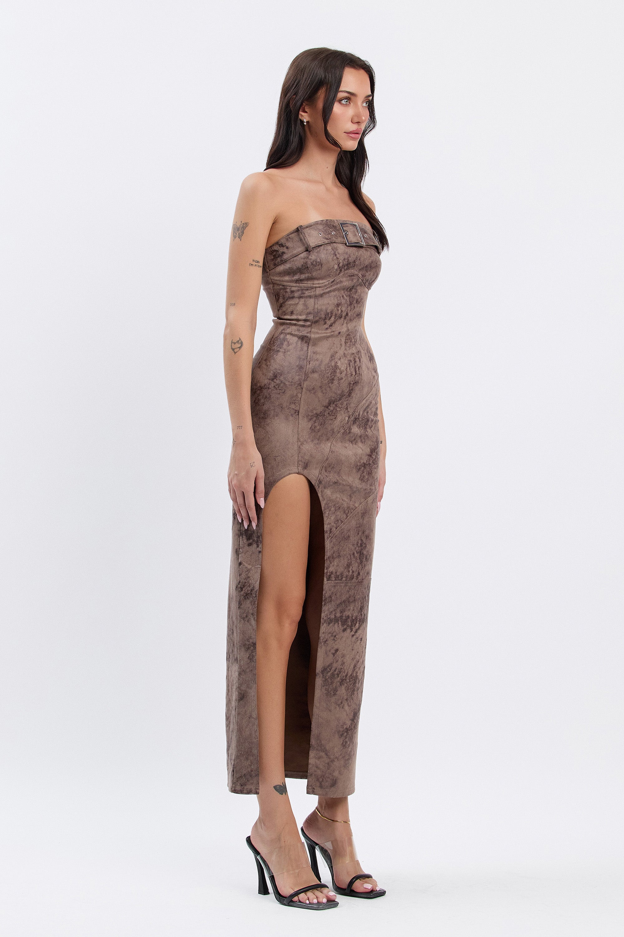AMBER SUEDE BELTED MAXI DRESS - BROWN