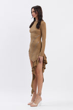 NAOMI SUEDE ZIPPERED RUFFLE MINI DRESS - MOCHA