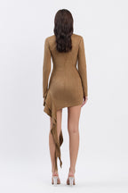 NAOMI SUEDE ZIPPERED RUFFLE MINI DRESS - MOCHA
