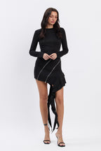 NAOMI SUEDE ZIPPERED RUFFLE MINI DRESS - BLACK