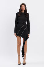 NAOMI SUEDE ZIPPERED RUFFLE MINI DRESS - BLACK