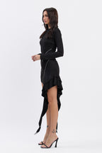 NAOMI SUEDE ZIPPERED RUFFLE MINI DRESS - BLACK