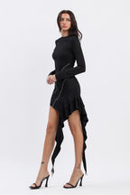 NAOMI SUEDE ZIPPERED RUFFLE MINI DRESS - BLACK