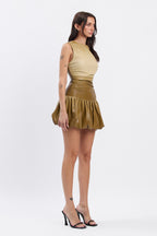 LUCIA PLEATHER OMBRE BUBBLE MINI DRESS - KHAKI