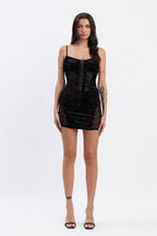 DAPHNE VELVET MINI DRESS W/ LACE CONTRAST - BLACK