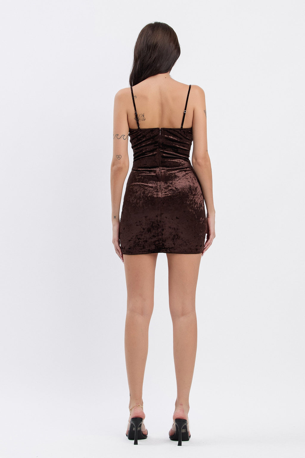 DAPHNE VELVET MINI DRESS W/ LACE CONTRAST - BROWN