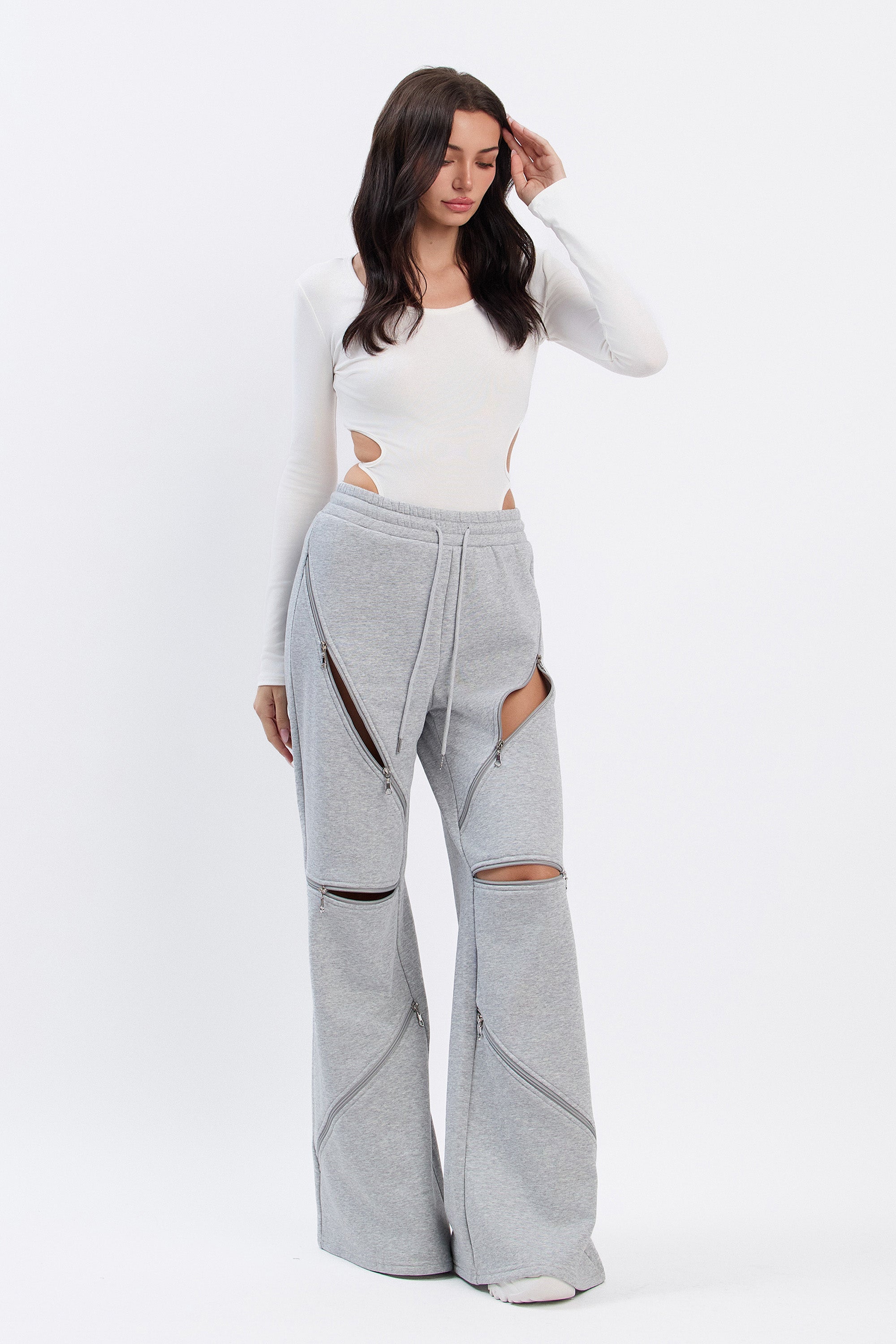 HARLYN WIDE ZIPPER SWEATPANTS - HEATHER GREY