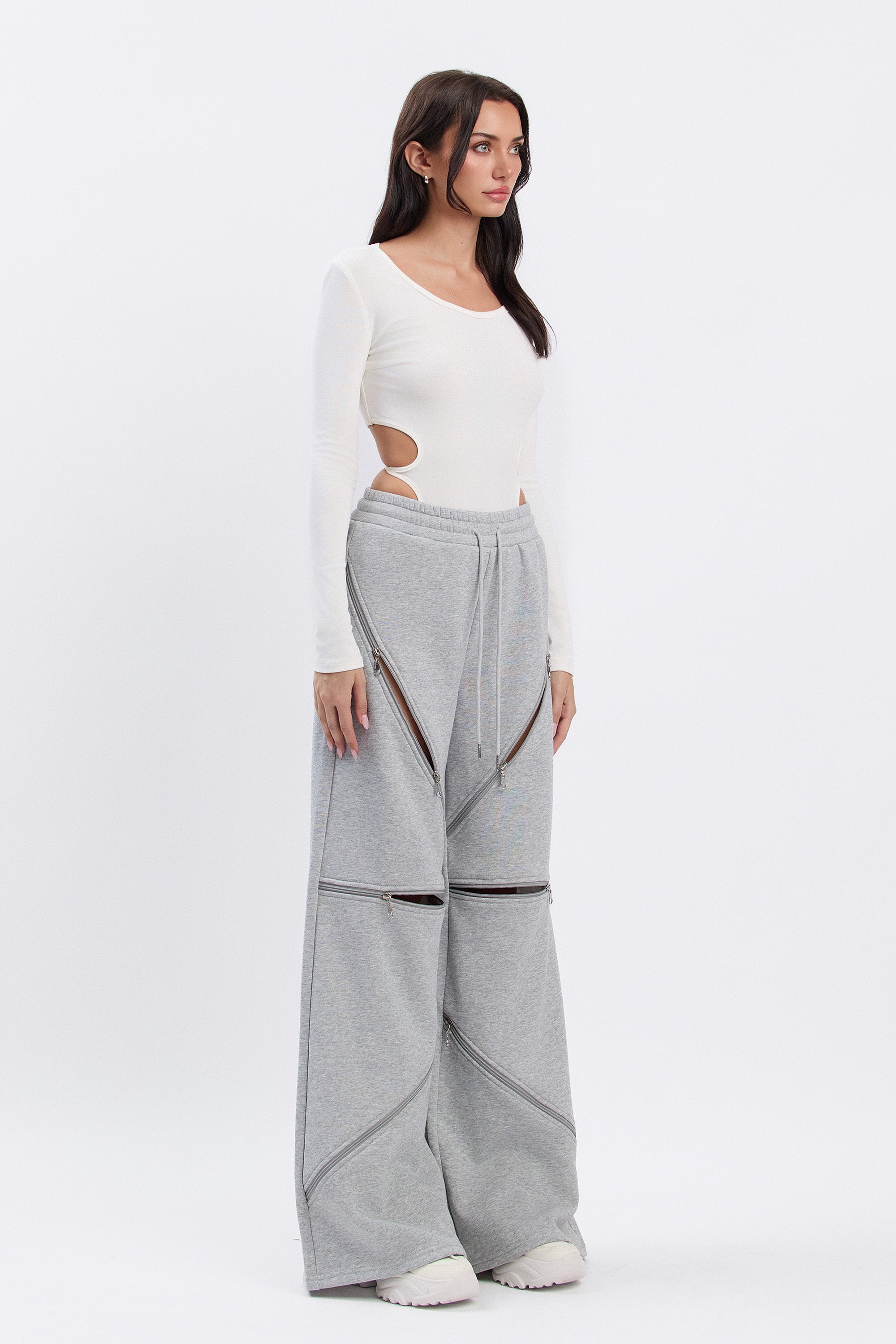 HARLYN WIDE ZIPPER SWEATPANTS - HEATHER GREY