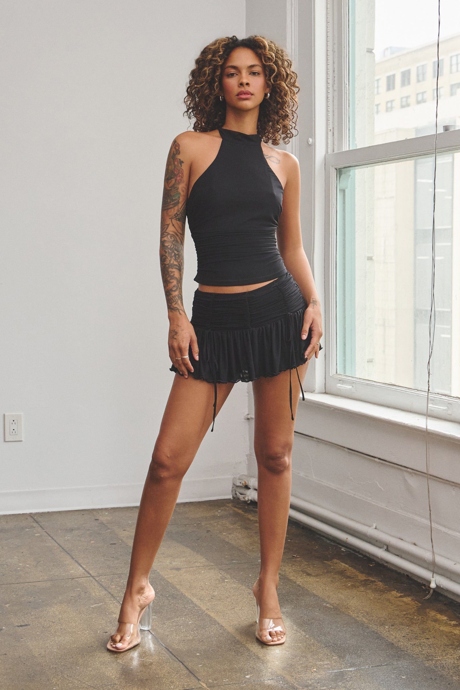 BELLA RUCHED MESH MINI SKORT W/ RIBBON TIES