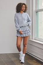 DANIELLA RIBBED HOODIE ZIP-UP MINI DRESS - BLUE