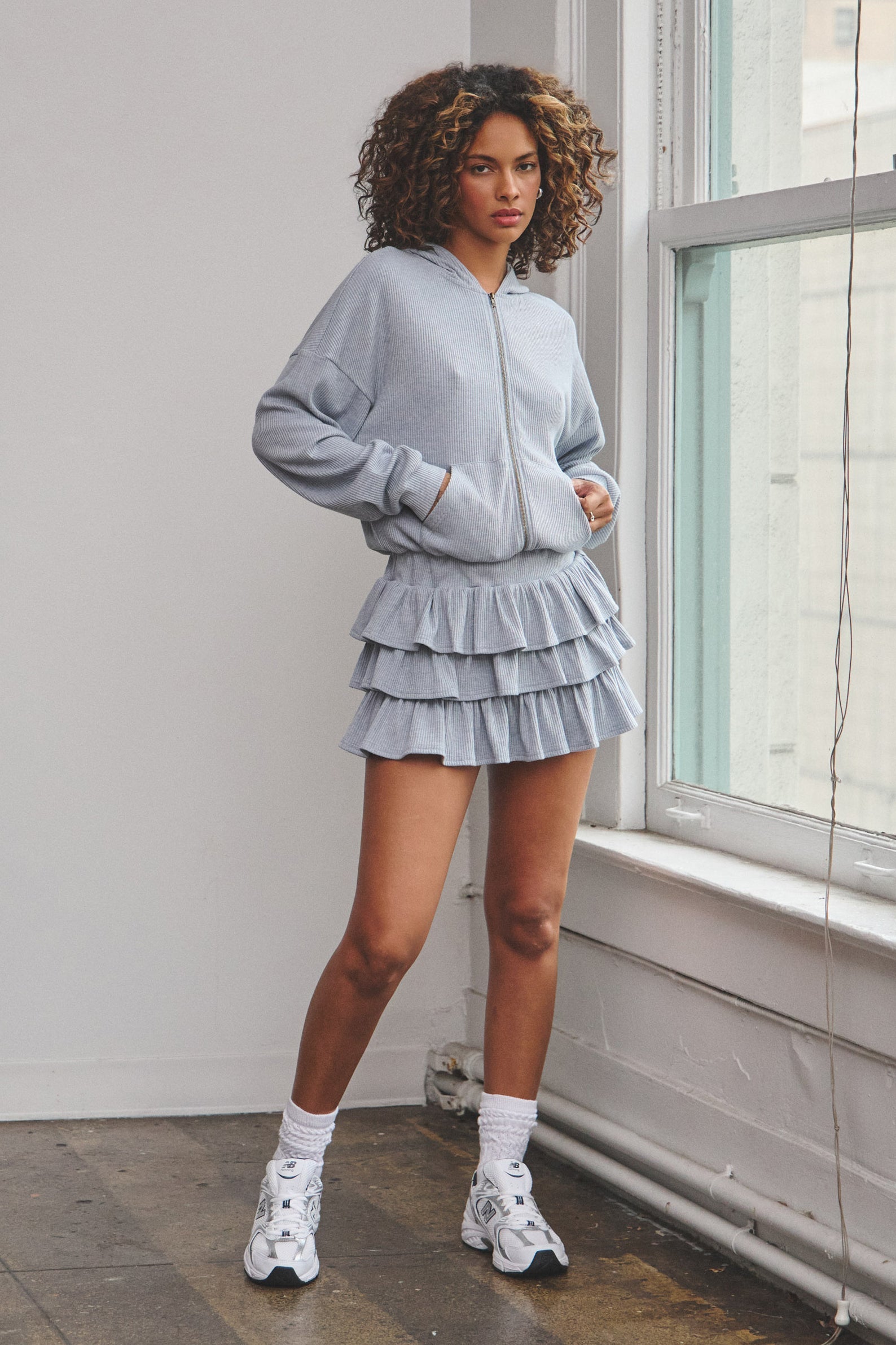 DANIELLA RIBBED HOODIE ZIP-UP MINI DRESS - BLUE