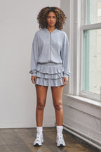 DANIELLA RIBBED HOODIE ZIP-UP MINI DRESS - BLUE