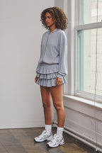 DANIELLA RIBBED HOODIE ZIP-UP MINI DRESS - BLUE