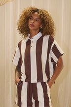 ATLAS SHORT SLEEVE FRENCH TERRY RUGBY TOP - BROWN/CREAM