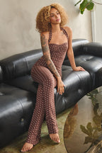 POLKA DOT PRINT HALTER TIE CROP TOP - BROWN