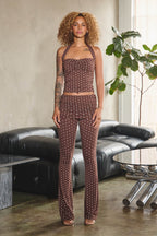 POLKA DOT PRINT HALTER TIE CROP TOP - BROWN
