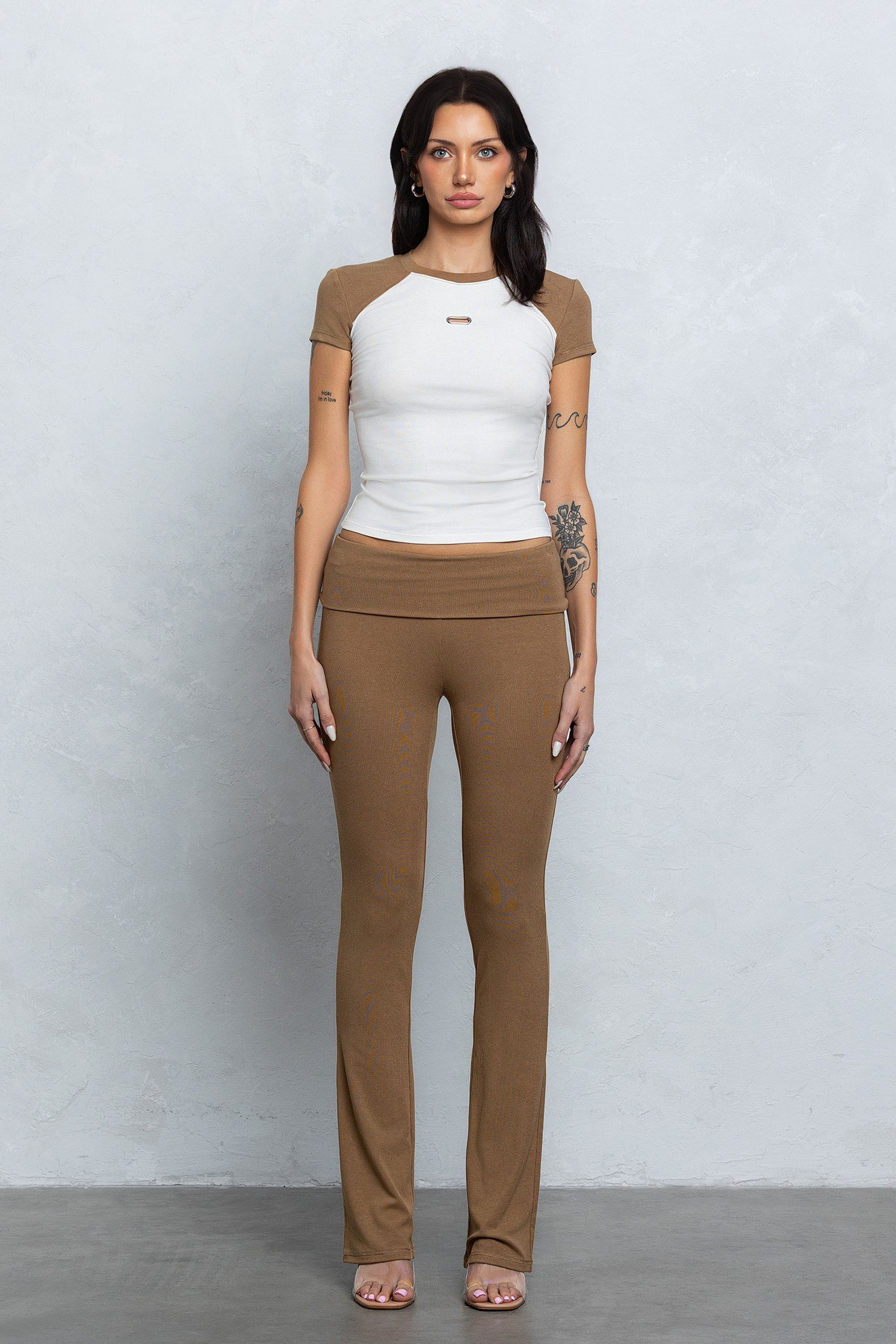 JENNI FOLD OVER FLARE PANTS - MOCHA