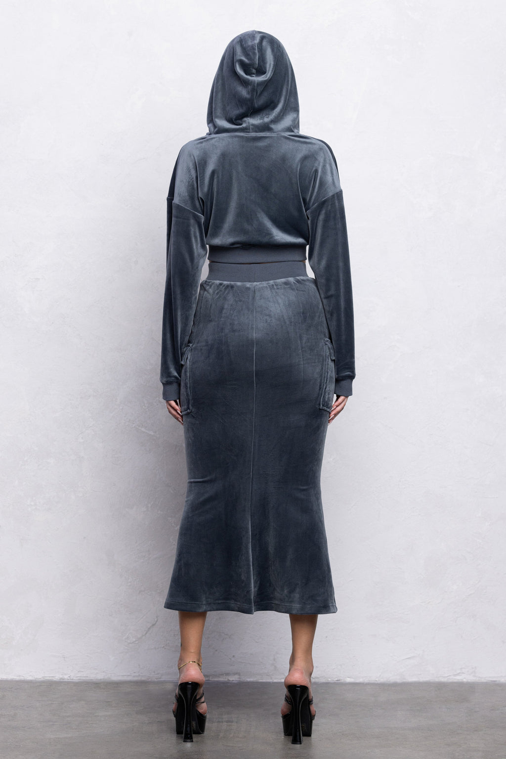 QUINN VELOUR ZIP-UP TOP & MIDI SKIRT SET