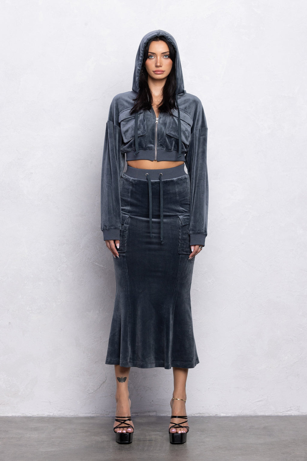 QUINN VELOUR ZIP-UP TOP & MIDI SKIRT SET