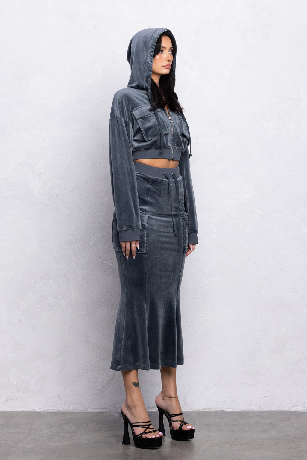 QUINN VELOUR ZIP-UP TOP & MIDI SKIRT SET