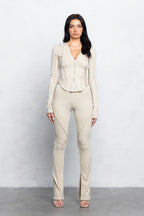 KIRA RIBBED ZIP-UP SET - STONE BEIGE