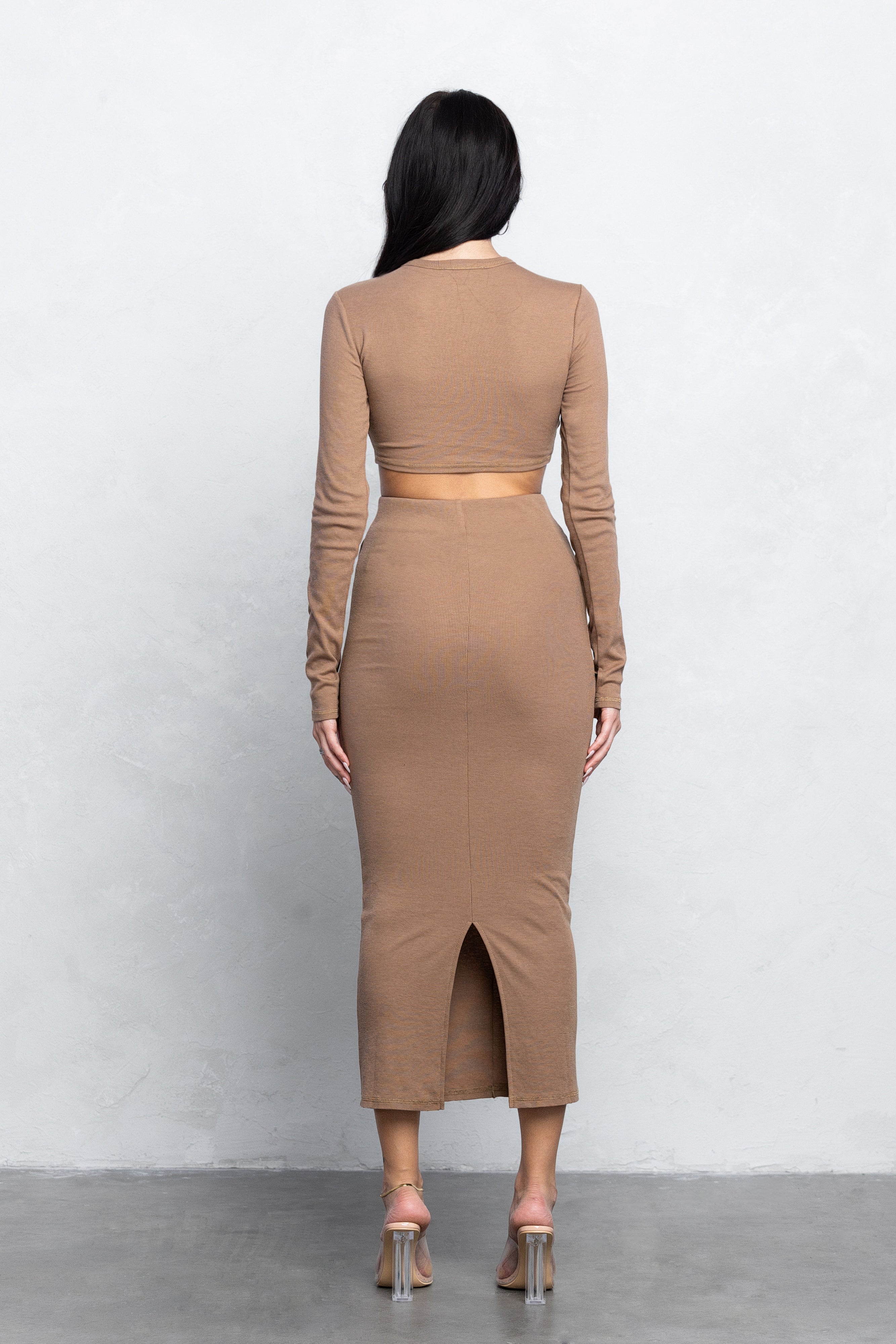 KIRA RIBBED MAXI SKIRT SET - MOCHA