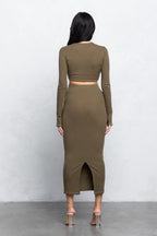 KIRA RIBBED MAXI SKIRT SET - OLIVE