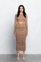 KIRA RIBBED MAXI SKIRT SET - MOCHA