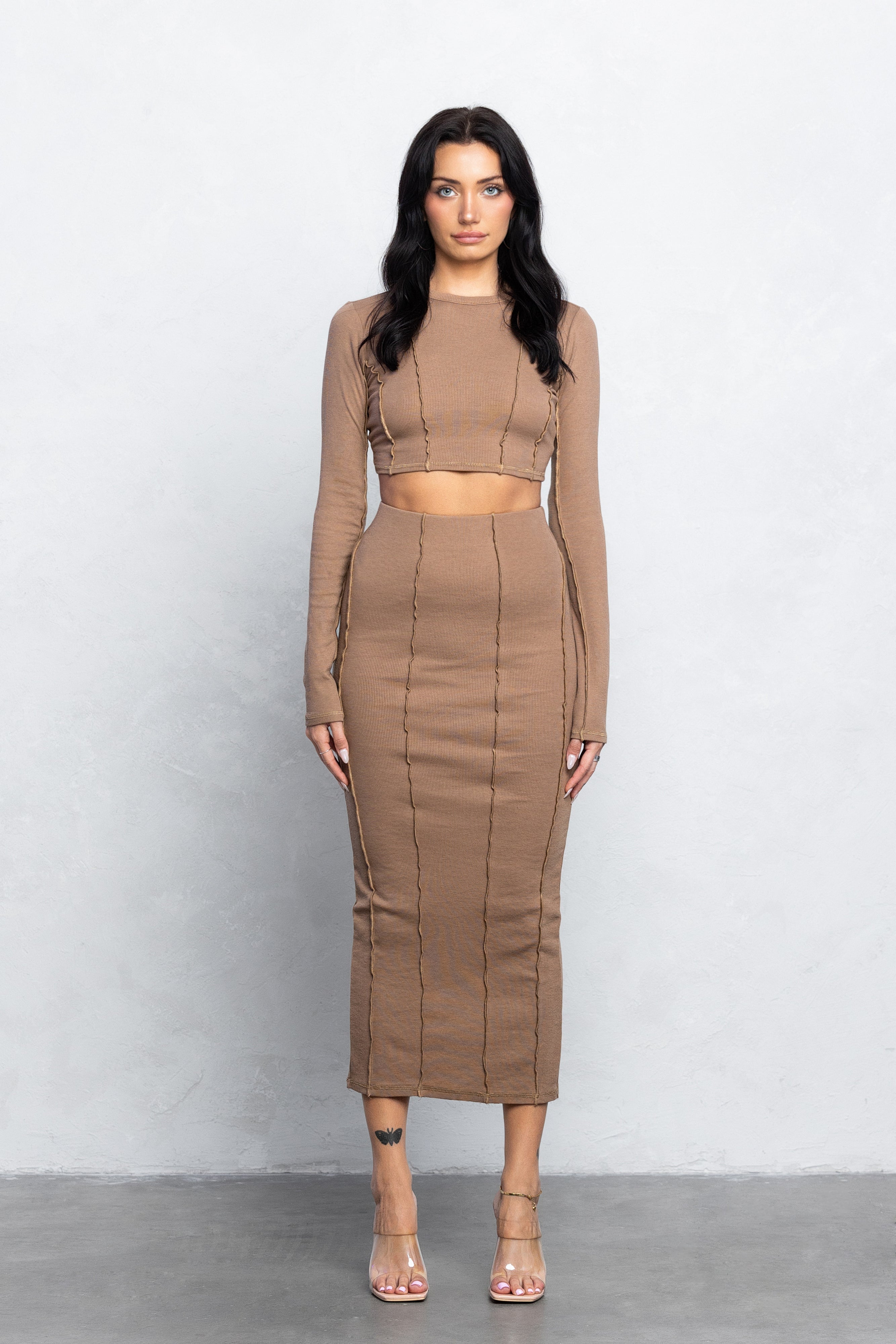 KIRA RIBBED MAXI SKIRT SET - MOCHA