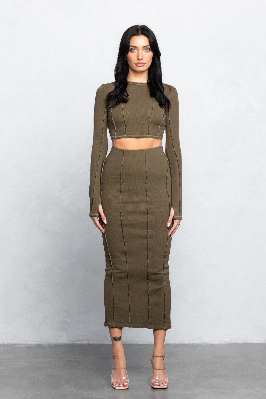 KIRA RIBBED MAXI SKIRT SET - OLIVE