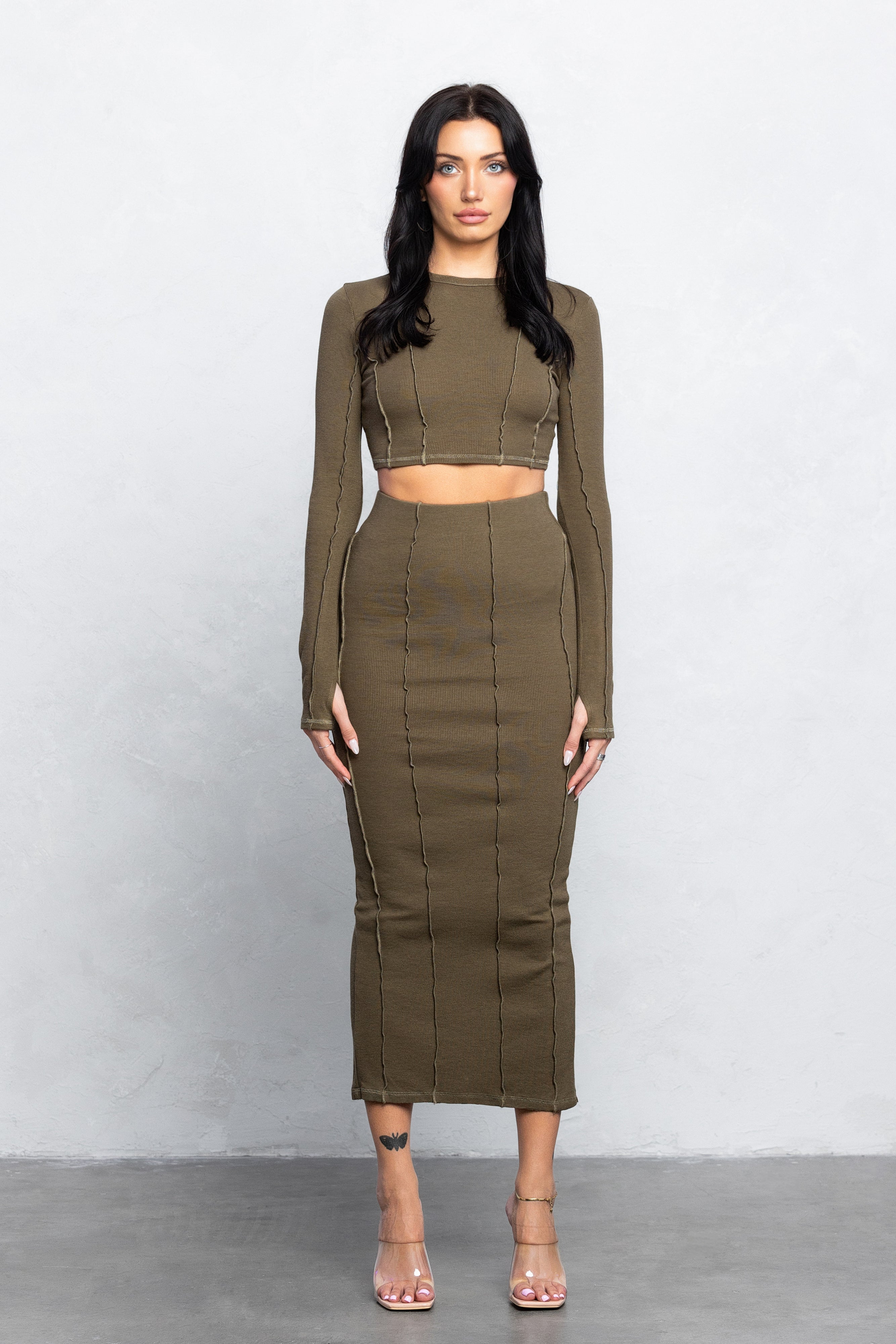 KIRA RIBBED MAXI SKIRT SET - OLIVE