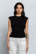 EMORIE RUCHED CAP SLEEVE TOP - BLACK