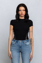 YVETTE RIBBED HOOK & EYE BABY TEE - BLACK