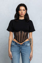 TARA MESH CONTRAST BUSTIER TOP - BLACK