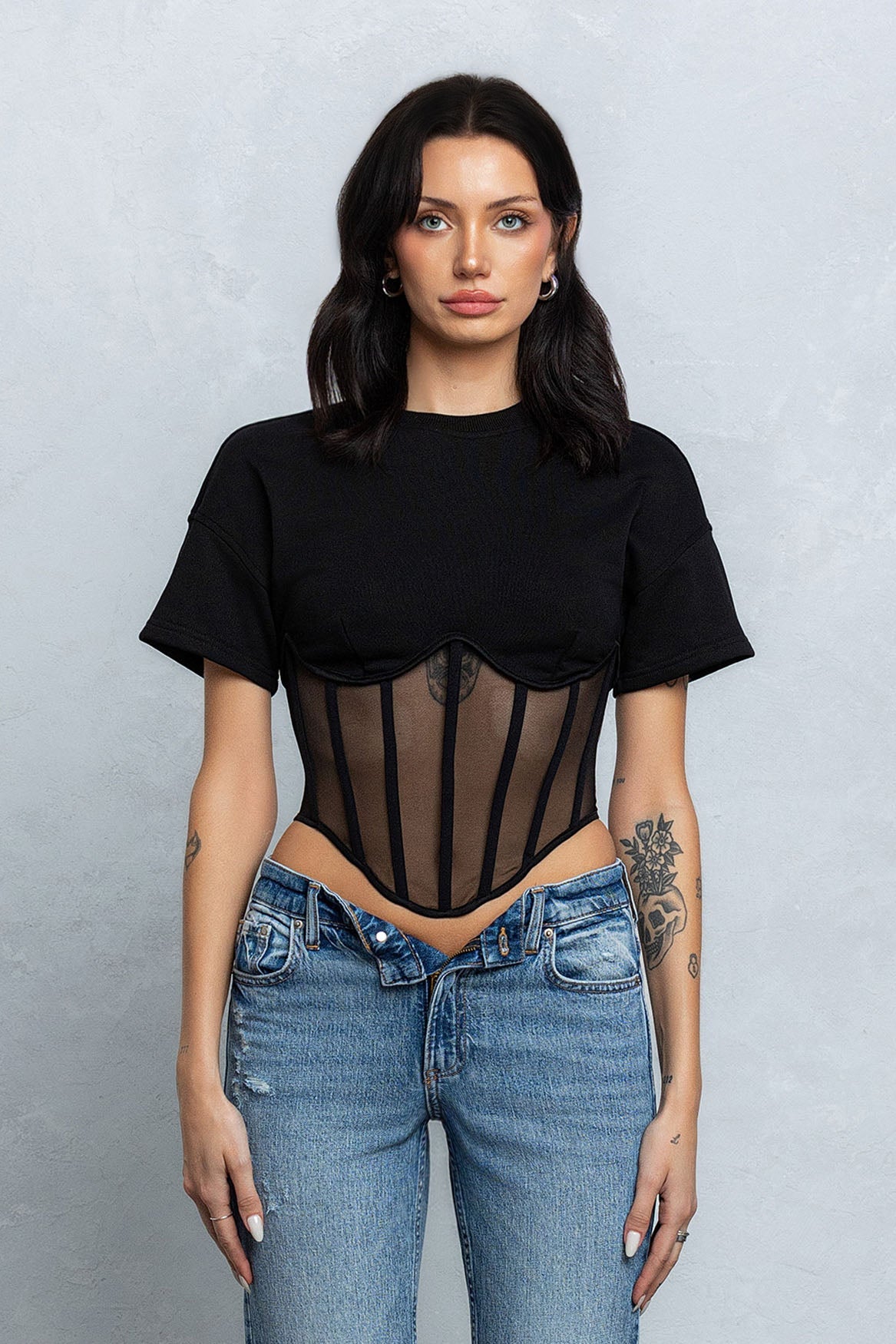 TARA MESH CONTRAST BUSTIER TOP - BLACK