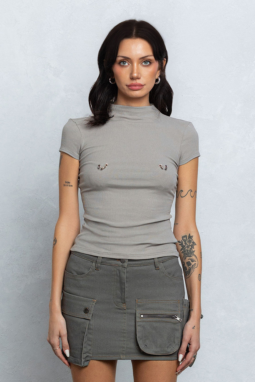 PIERCED RIBBED MOCK NECK TOP
