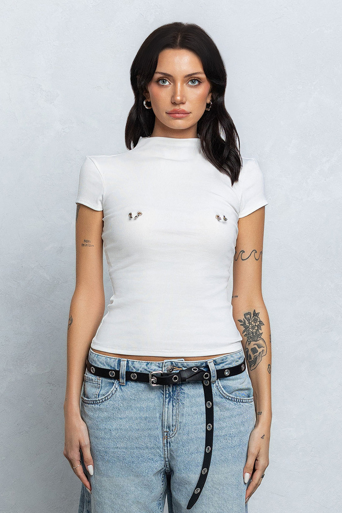 PIERCED RIBBED MOCK NECK TOP
